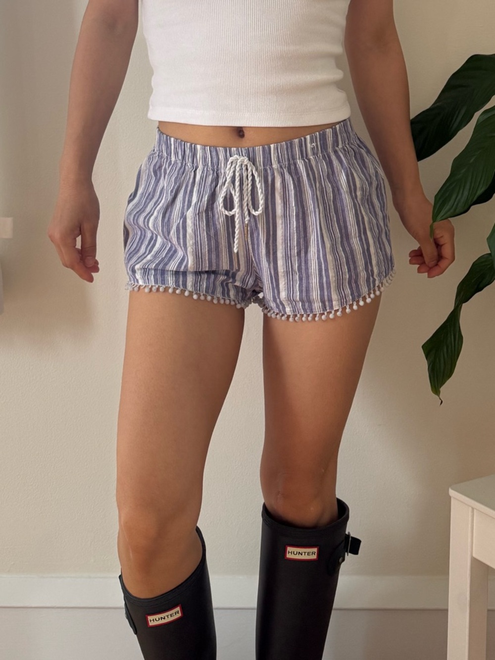 Love To Lounge Cotton Mini Pom Pom Fringe Hem Purple White Striped Shorts Size S